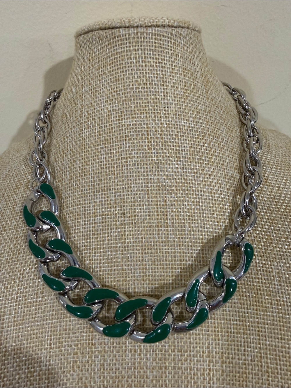 Silver Tone Necklace with Deep Green Enamel Links - Statement necklace